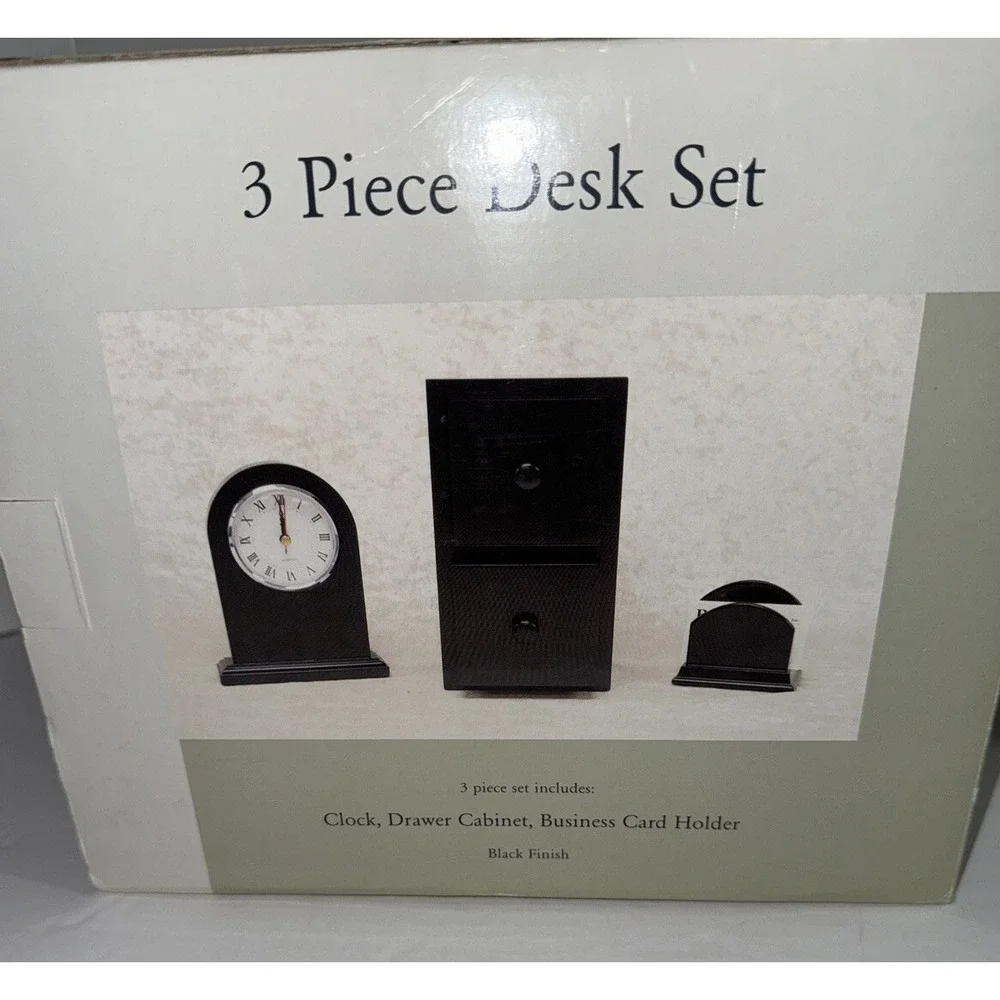 3 PC Desk Set—-Clock , Business Card Holder & 2 Drawer Cabinet NEW Mahogany